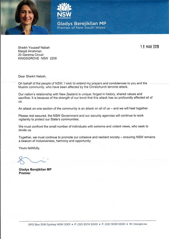 Photo of Letter of condolence from NSW Premier to the community and our centre